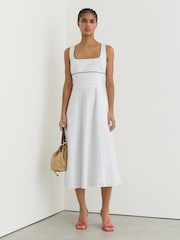 Reiss Ivory Dorethea Linen Contrast-Trim Midi Dress - Image 5 of 6