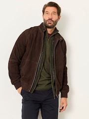 FatFace Chocolate Brown Suede Bomber Jacket - Image 1 of 6