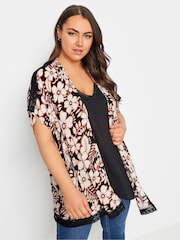 Yours Curve Black Black Floral Print Crochet Trim Kimono - Image 1 of 5
