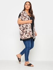 Yours Curve Black Black Floral Print Crochet Trim Kimono - Image 2 of 5