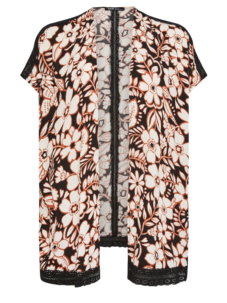 Yours Curve Black Black Floral Print Crochet Trim Kimono - Image 5 of 5