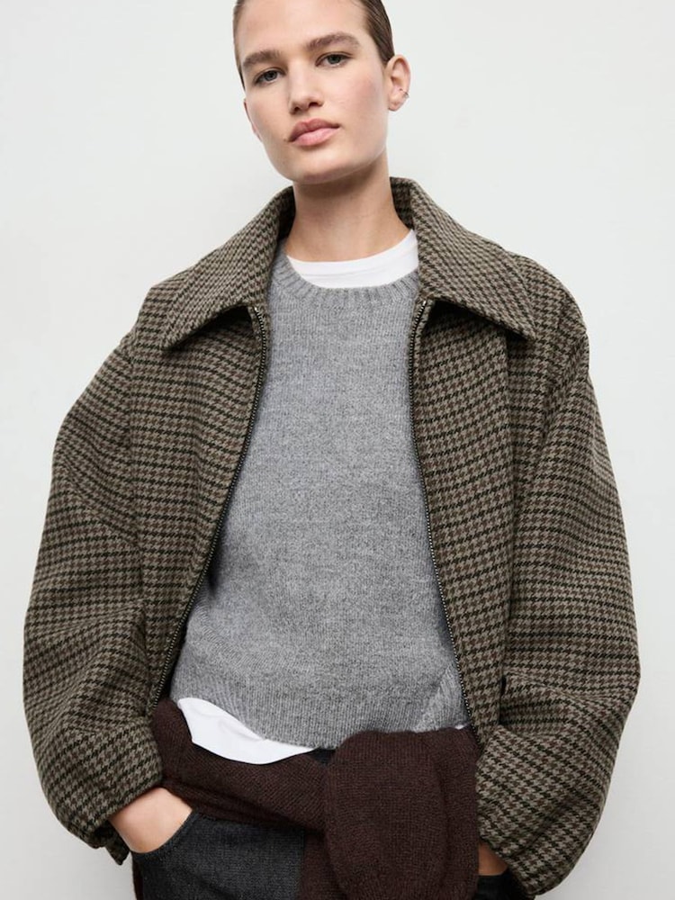 Mango Brown Tweed Check Bubble Sleeve Jacket - Image 1 of 7 Mango Brown Tweed Check Bubble Sleeve Jacket - Image 1 of 7