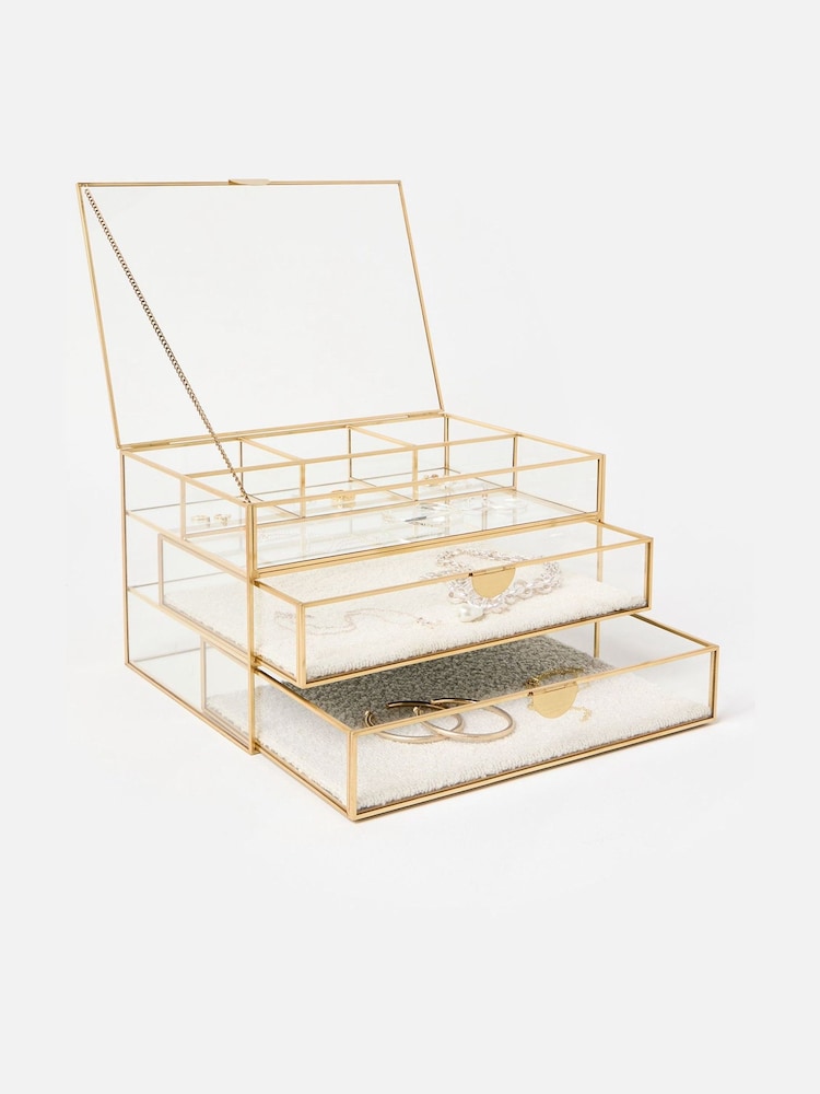 Oliver Bonas Cream Gold & Glass Boucle Tiered Large Jewellery Box - Image 2 of 6 Oliver Bonas Cream Gold & Glass Boucle Tiered Large Jewellery Box - Image 2 of 6