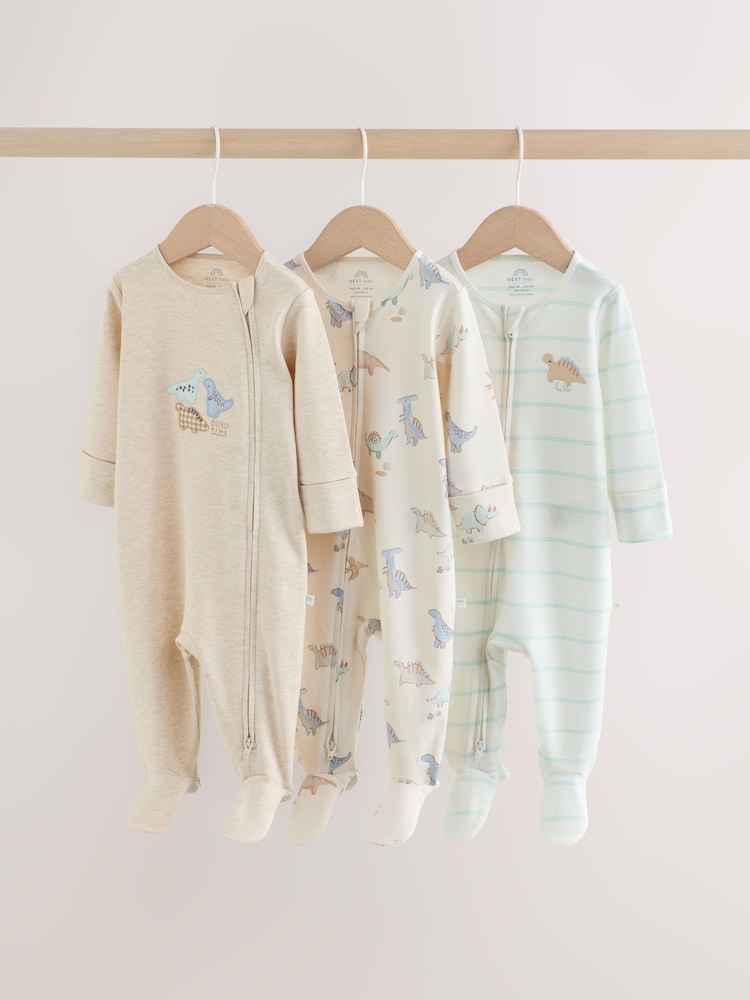 Neutral Dinosaur Two Way Zip Baby Sleepsuits 3 Pack (0-2yrs) - Image 1 of 13