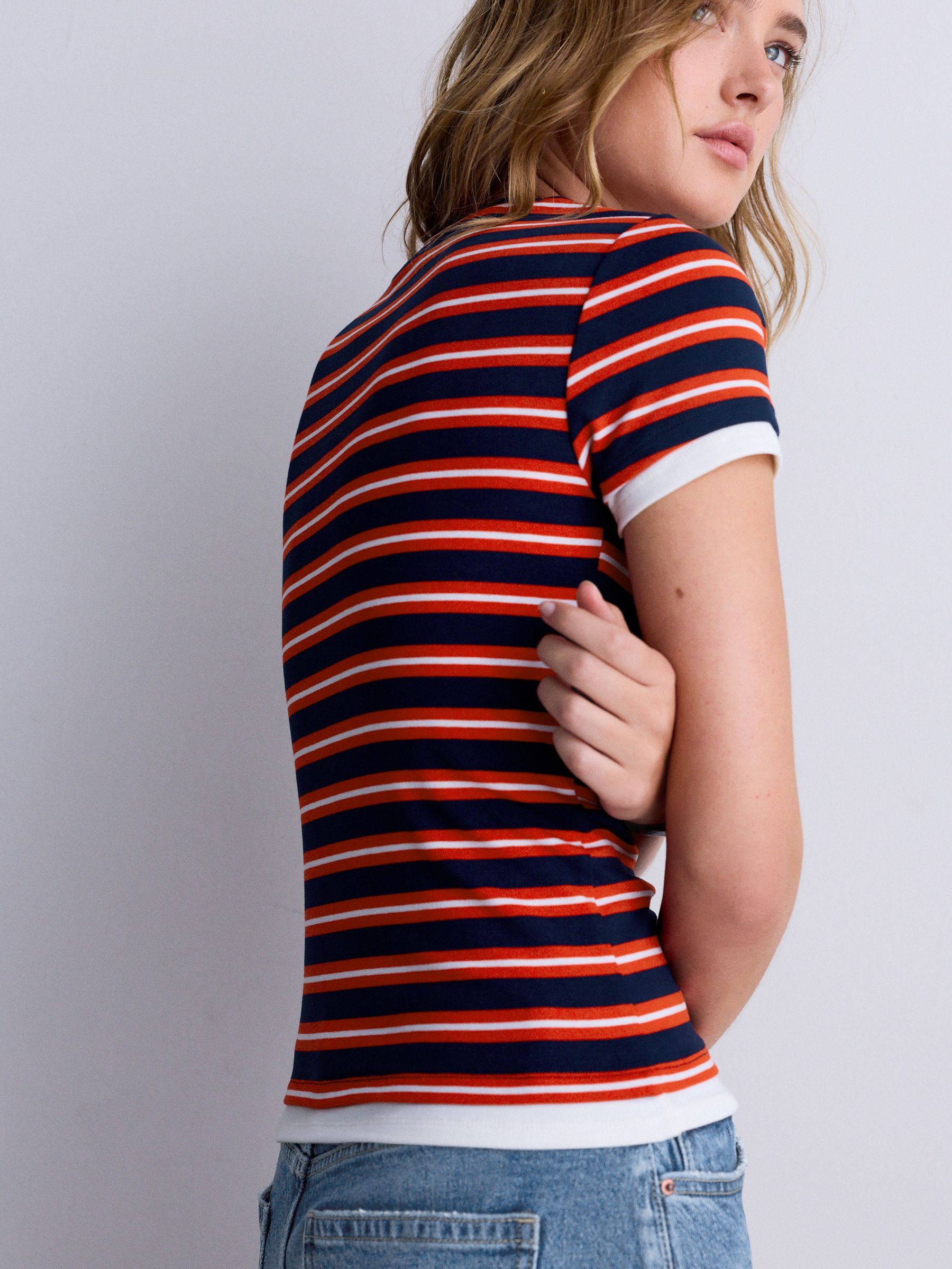 その他 Worldwide Mesh Crew Neck Top Red/Blue-S Buy Red/Blue Stripe Short Sleeve Layered Crew Neck T-Shirt from