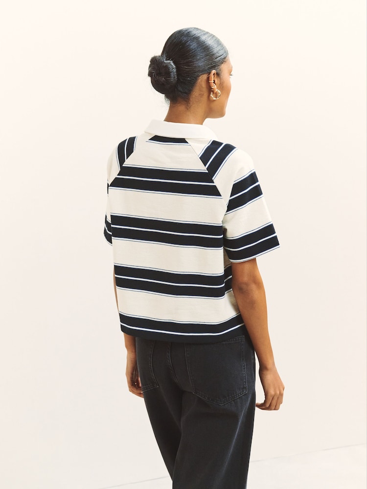 Black/White Stripe Short Sleeve Collared Rugby Polo Top - Image 2 of 8