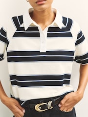 Black/White Stripe Short Sleeve Collared Rugby Polo Top - Image 3 of 8
