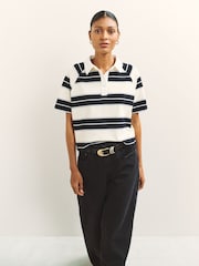 Black/White Stripe Short Sleeve Collared Rugby Polo Top - Image 4 of 8