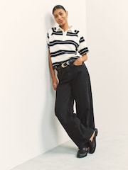 Black/White Stripe Short Sleeve Collared Rugby Polo Top - Image 5 of 8