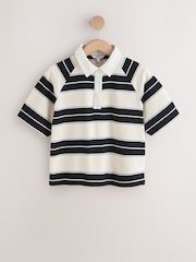 Black/White Stripe Short Sleeve Collared Rugby Polo Top - Image 6 of 8
