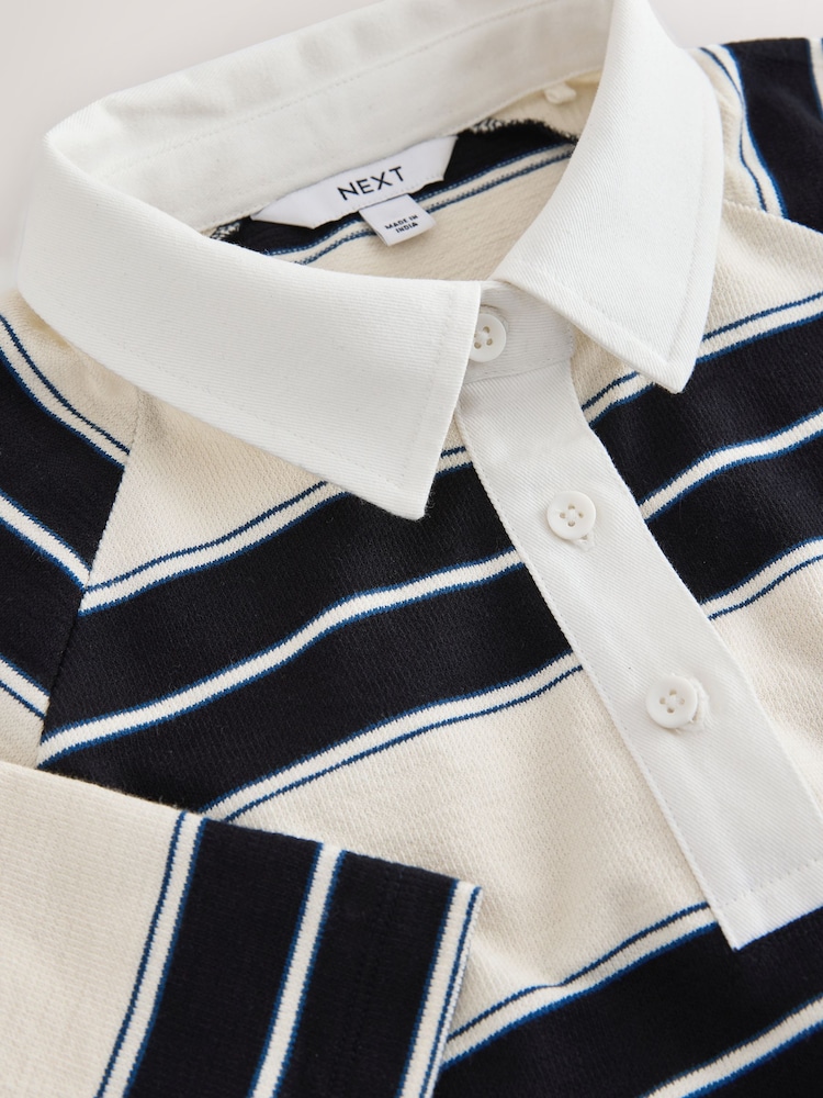 Black/White Stripe Short Sleeve Collared Rugby Polo Top - Image 8 of 8