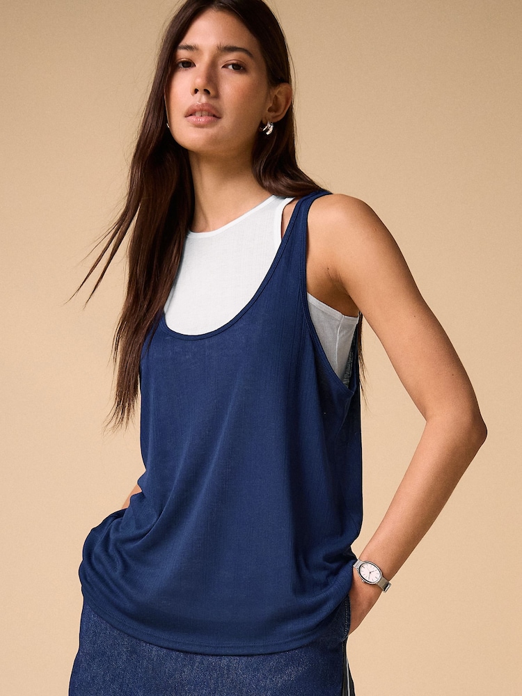 海軍藍/白 - Sheer Layered Vest 2 In 1 Top - 圖片 1/7
