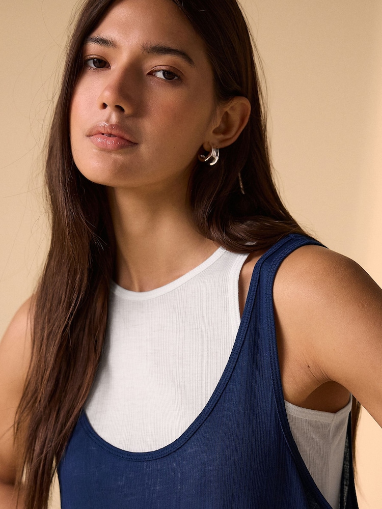 海軍藍/白 - Sheer Layered Vest 2 In 1 Top - 圖片 2/7