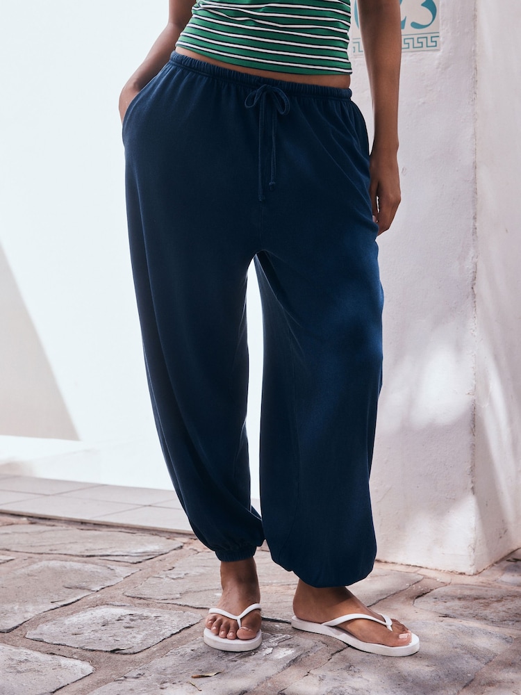Indigo Blue Washed Blue Jersey Balloon Trousers - Image 1 of 8 Indigo Blue Washed Blue Jersey Balloon Trousers - Image 1 of 8