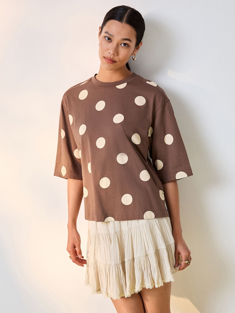 Chocolate Polka Dot Relaxed Boxy Elbow Length Crew Neck T-Shirt - Image 1 of 5