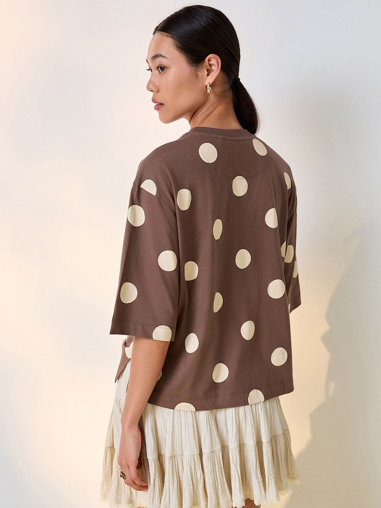 Chocolate Polka Dot Relaxed Boxy Elbow Length Crew Neck T-Shirt - Image 2 of 5