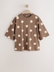 Chocolate Brown Polka Dot Relaxed Boxy Elbow Length Crew Neck T-Shirt - Image 6 of 8