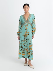 Raishma Blue Elsa Is A Sophisticated Midi Dress Featuring A Deep V-Neckline Long Statement Sleeves And A Flowing Silhouette - Image 1 of 3