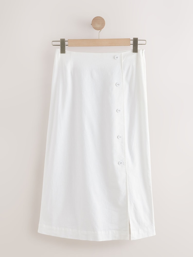 White Linen Rich Wrap Button Midi Skirt - Image 1 of 3
