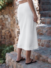 White Linen Rich Wrap Button Midi Skirt - Image 4 of 8