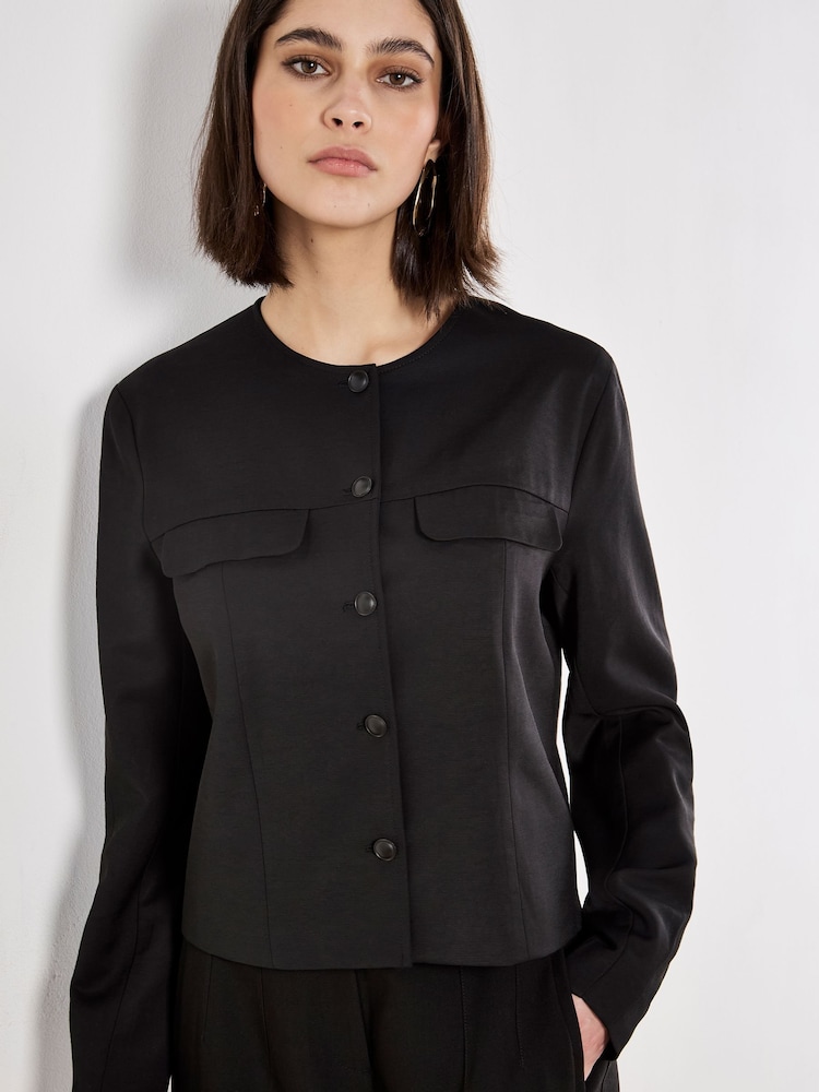 Apricot Black Crew Neck Cropped Jacket - Image 1 of 4 Apricot Black Crew Neck Cropped Jacket - Image 1 of 4
