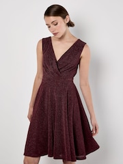 Apricot Red Lurex Pleat V-Neck Skater Dress - Image 2 of 5