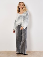 Apricot Grey Tinsel & Fleck V Neck Fisherman Jumper - Image 1 of 4