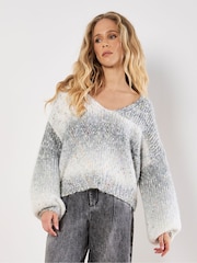 Apricot Grey Tinsel & Fleck V Neck Fisherman Jumper - Image 2 of 4