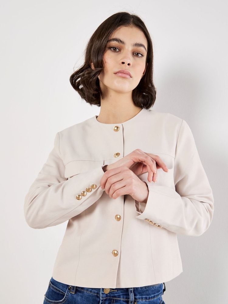Apricot Natural Crew Neck Cropped Jacket - Image 1 of 5 Apricot Natural Crew Neck Cropped Jacket - Image 1 of 5