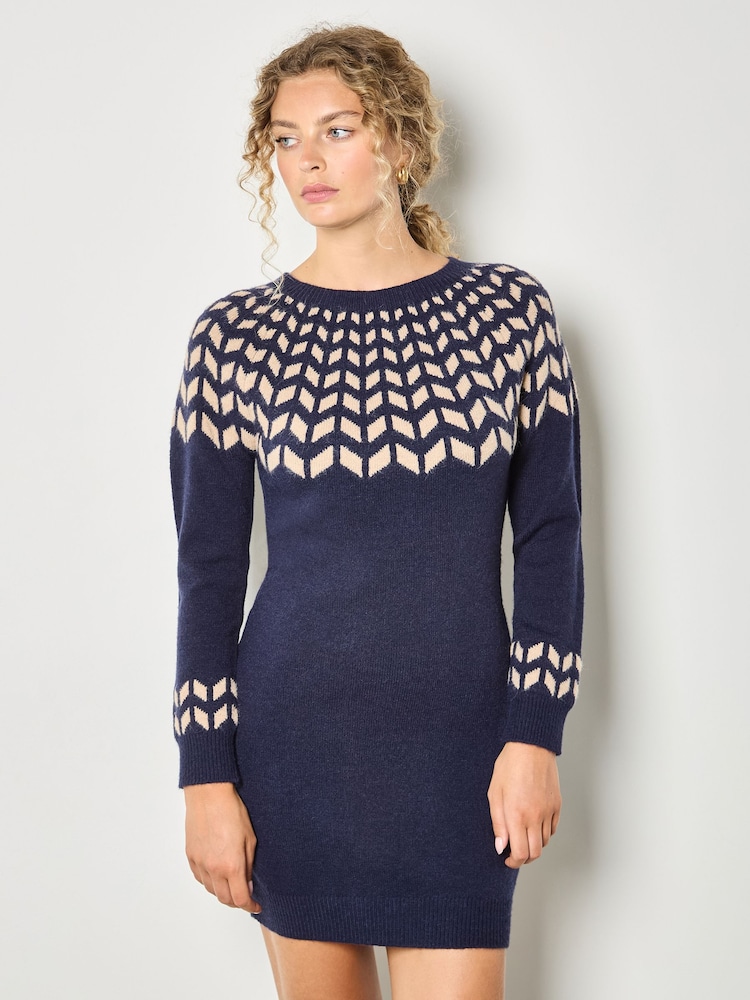 Apricot Blue Gradient Chevron Knitted Long Sleeve Dress - Image 1 of 4 Apricot Blue Gradient Chevron Knitted Long Sleeve Dress - Image 1 of 4