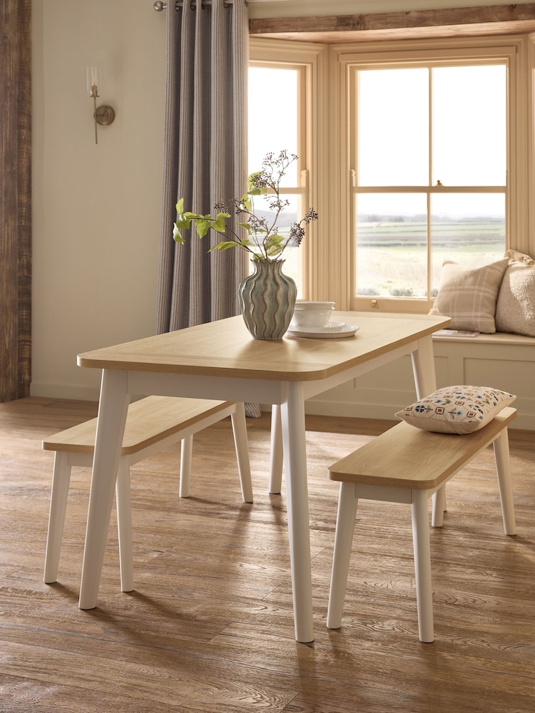 Cream and Oak Effect Ledbury 4 Seater Dining Table and Bench Set - Image 1 of 9 Cream and Oak Effect Ledbury 4 Seater Dining Table and Bench Set - Image 1 of 9