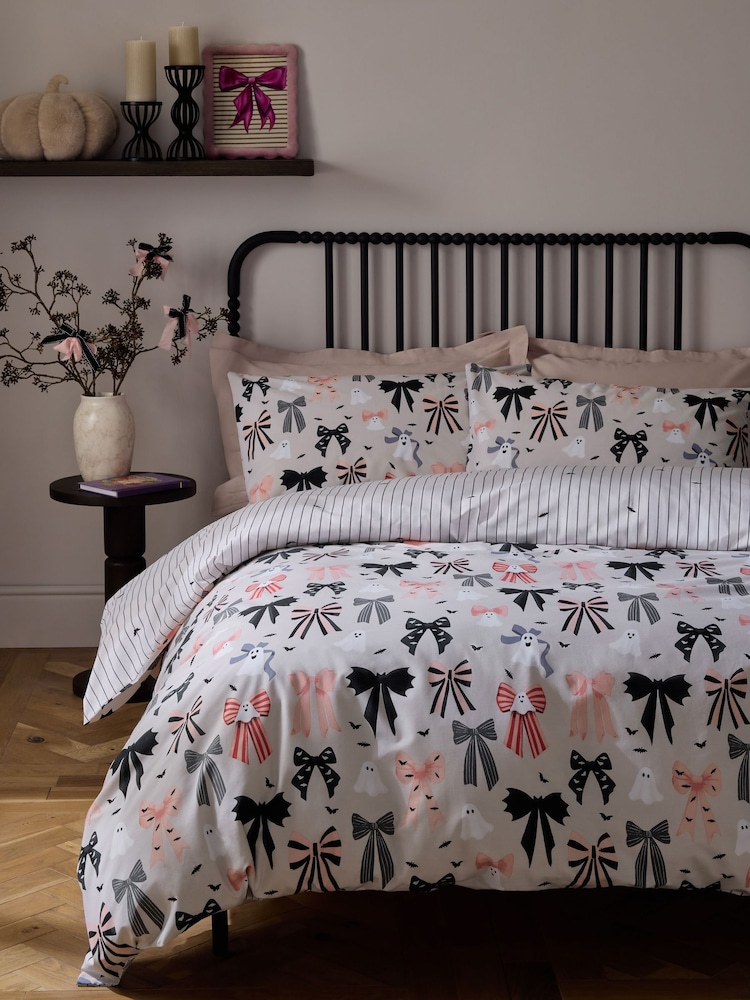 Natural Bows Halloween Reversible Duvet Cover and Pillowcase Set - Image 1 of 4 Natural Bows Halloween Reversible Duvet Cover and Pillowcase Set - Image 1 of 4
