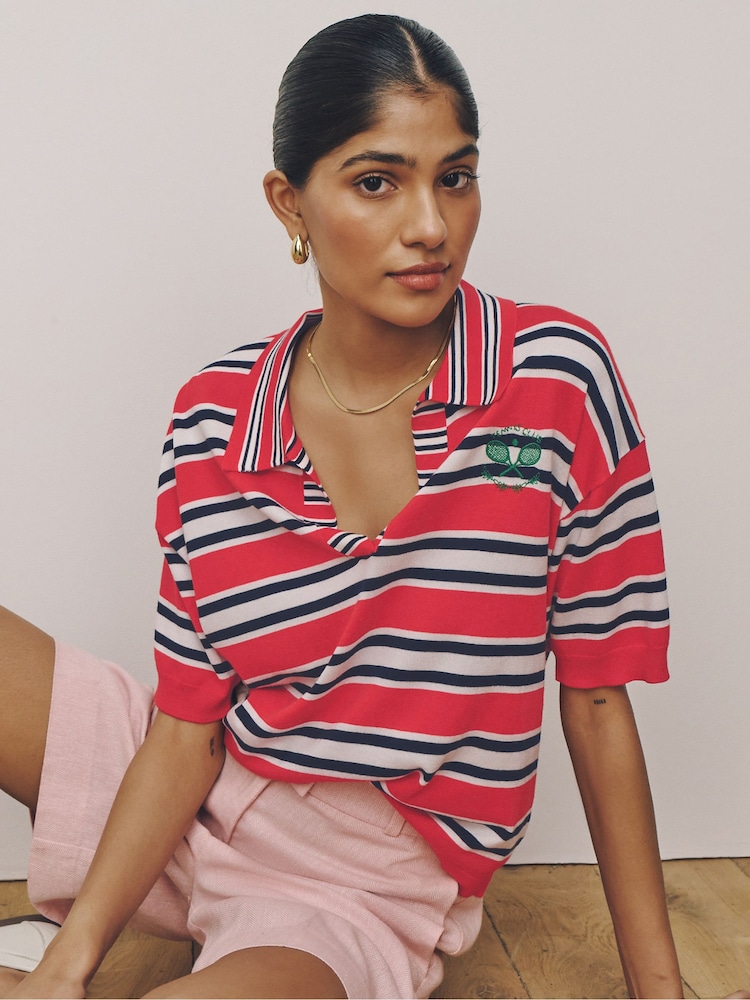 أحمر مقلم - توب بولو محبوك بملمس ناعم وغني بالقطن - صورة 1 من 7