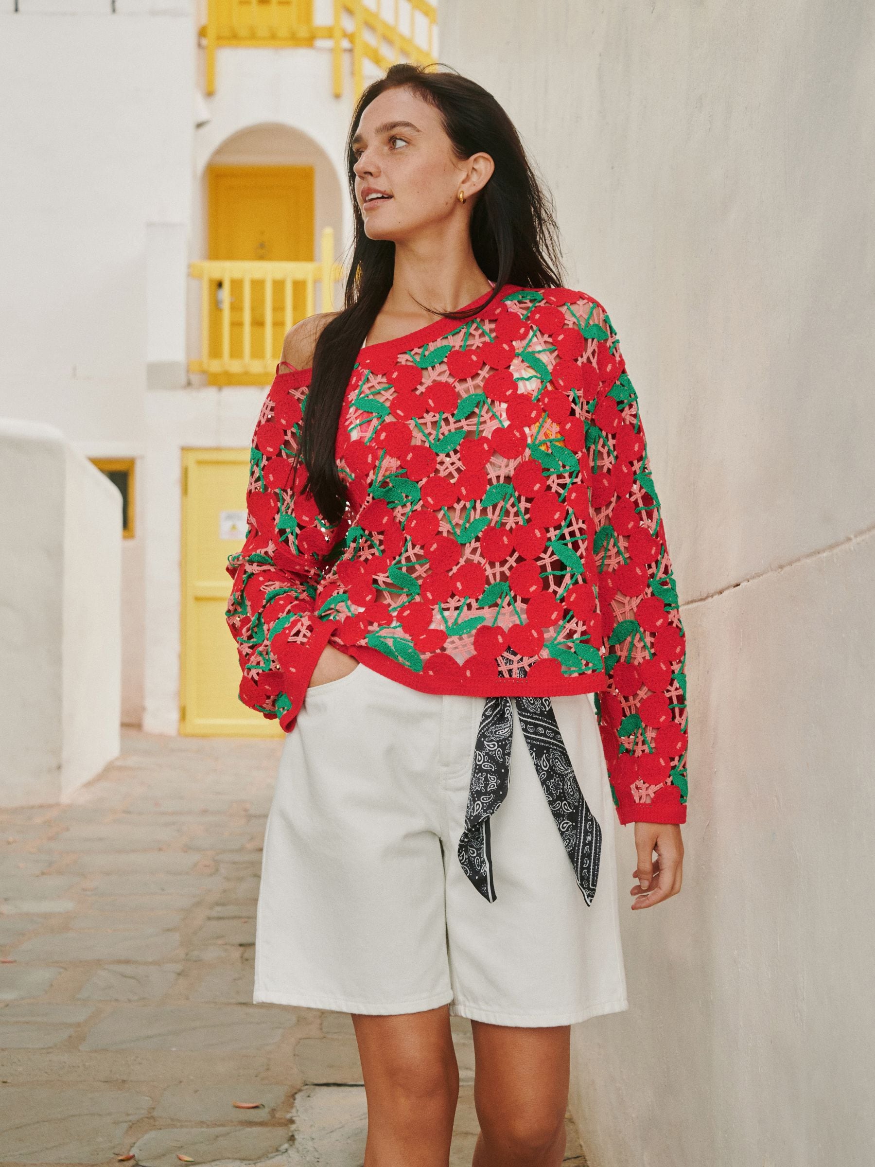 Buy Red Cherry Cotton Rich Crochet Long Sleeve Off The Shoulder