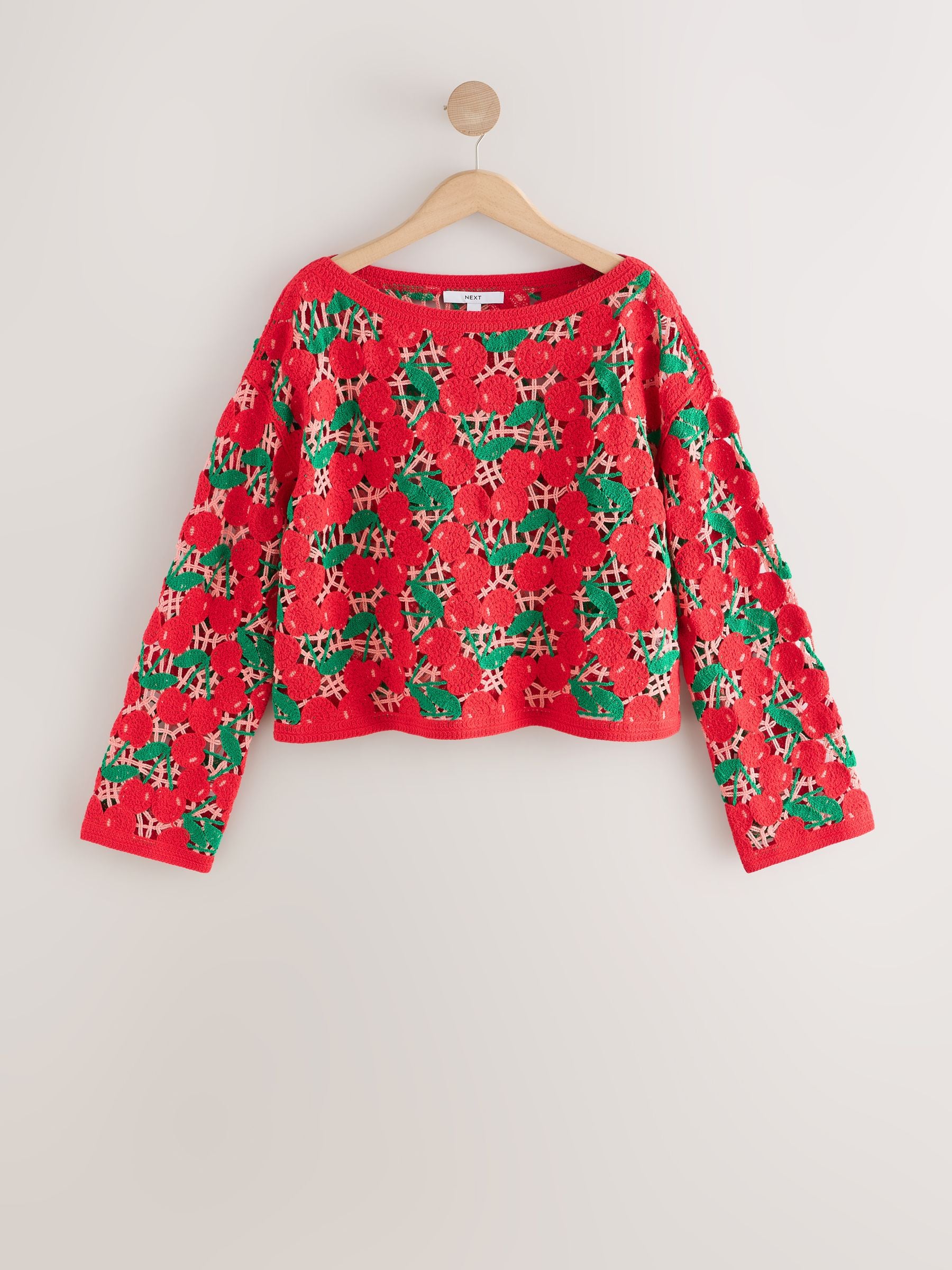 Buy Red Cherry Cotton Rich Crochet Long Sleeve Off The Shoulder