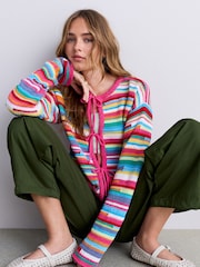 Pink Multi Stripe Cotton Rich Tie Front Cardigan - Image 1 of 7