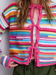 Pink Multi Stripe Cotton Rich Tie Front Cardigan - Image 4 of 7