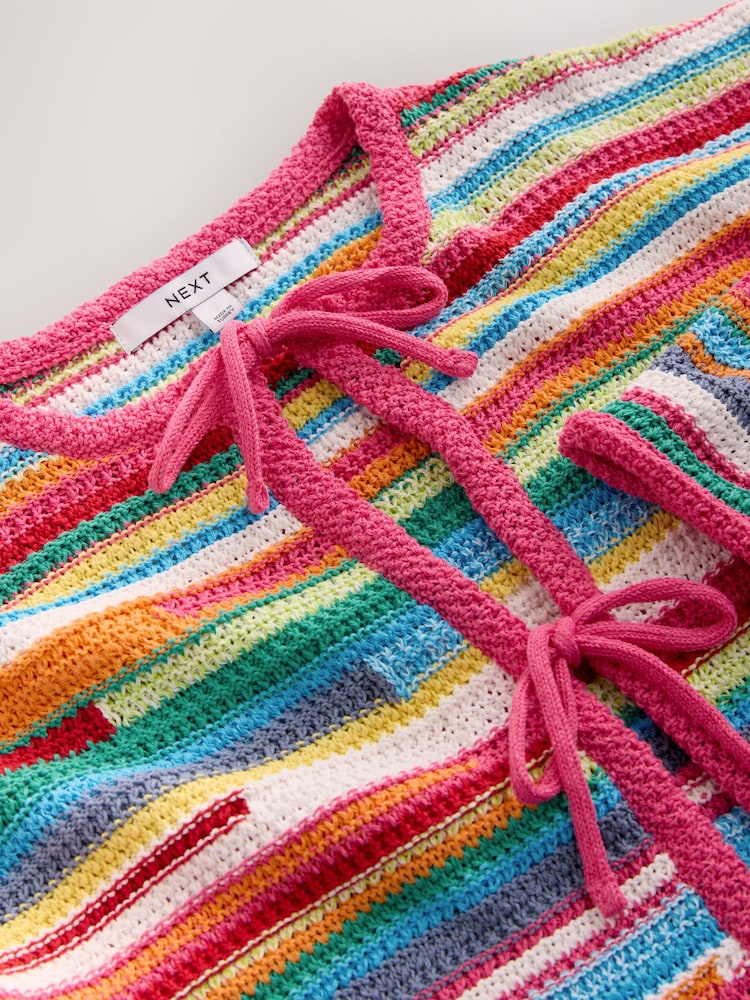 Pink Multi Stripe Cotton Rich Tie Front Cardigan - Image 7 of 7