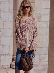 Animal Print Long Sleeve Crew Neck Cardigan - Image 1 of 7