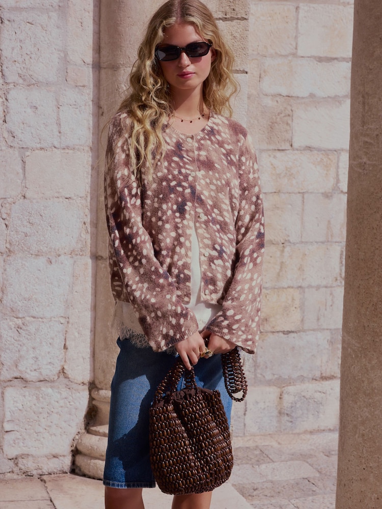 Animal Print Long Sleeve Crew Neck Cardigan - Image 1 of 7 Animal Print Long Sleeve Crew Neck Cardigan - Image 1 of 7