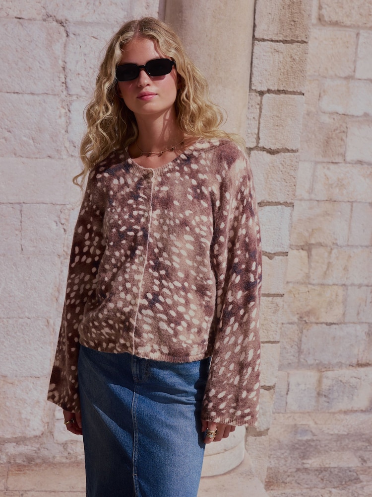 Animal Print Long Sleeve Crew Neck Cardigan - Image 2 of 7 Animal Print Long Sleeve Crew Neck Cardigan - Image 2 of 7