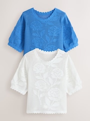 White/Cobalt Blue Floral Crochet Short Sleeve Crew Neck T-Shirts 2 Pack - Image 1 of 10