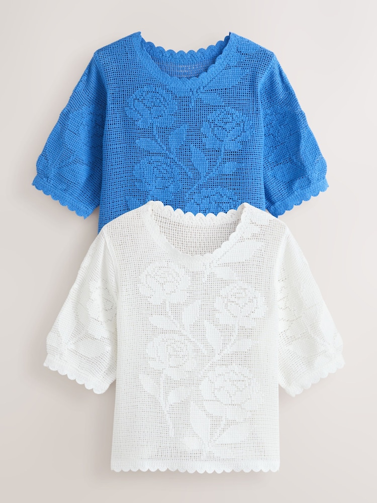White/Cobalt Blue Floral Crochet Short Sleeve Crew Neck T-Shirts 2 Pack - Image 1 of 10