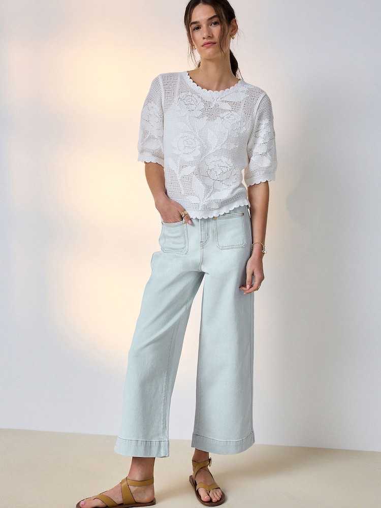 White/Cobalt Blue Floral Crochet Short Sleeve Crew Neck T-Shirts 2 Pack - Image 2 of 10