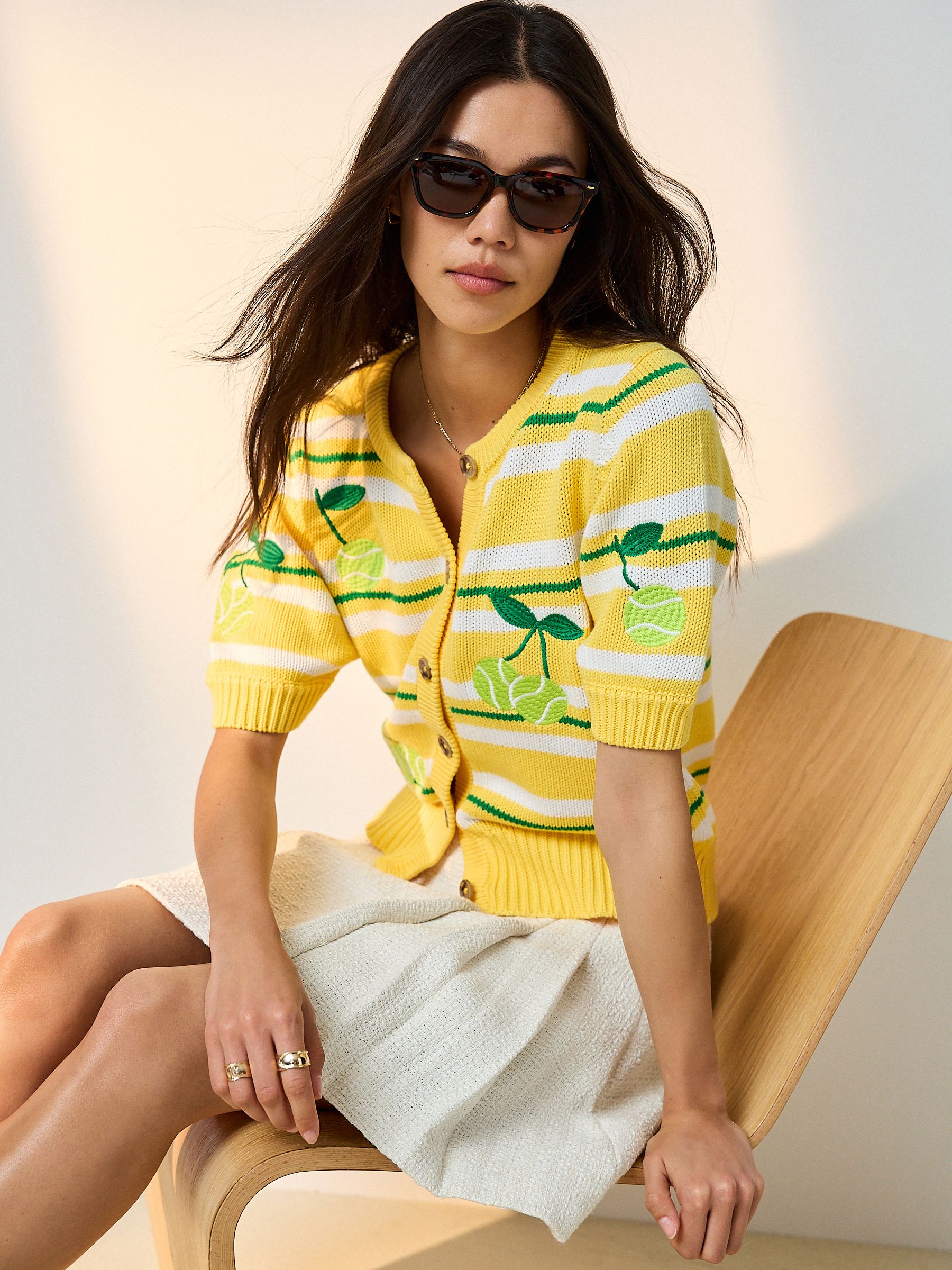 Buy Yellow Stripe Cotton Embroidered Short Sleeve Tennis Stripe