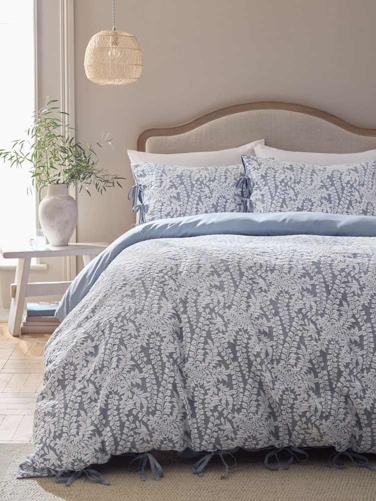 Blue Floral Jacquard Textured Duvet Cover and Pillowcase Set - Image 1 of 5
