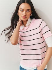 Lichtroze met streep - Short Sleeve Crew Neck Top With Linen - Afbeelding 1 van 7