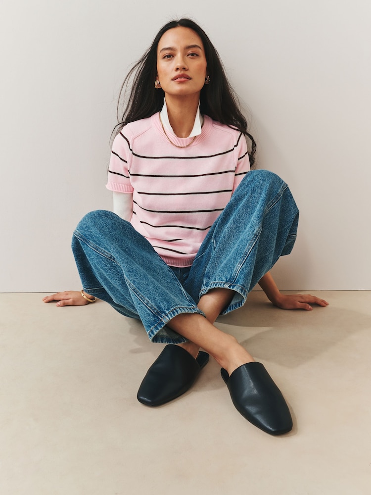 Lichtroze met streep - Short Sleeve Crew Neck Top With Linen - Afbeelding 2 van 7