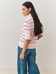 Lichtroze met streep - Short Sleeve Crew Neck Top With Linen - Afbeelding 3 van 7