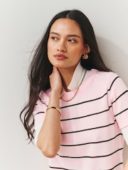 Lichtroze met streep - Short Sleeve Crew Neck Top With Linen - Afbeelding 4 van 7